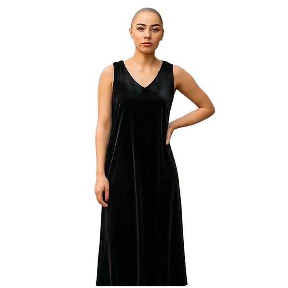 Talbots Velour Velvet Maxi Dress Women's Size L Black Sleeveless V-Neck Stretch - Picture 1 of 12